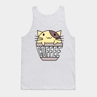 Cat in coffee cup with warped text yellow and brown Tank Top